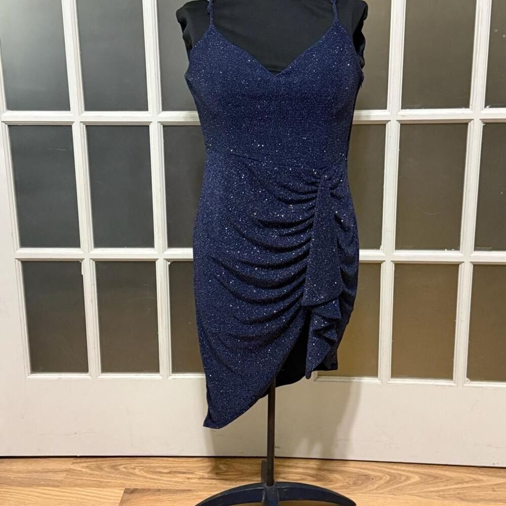 City Vibe Navy Blue Glitter Ruched Asymmetrical Mini Dress